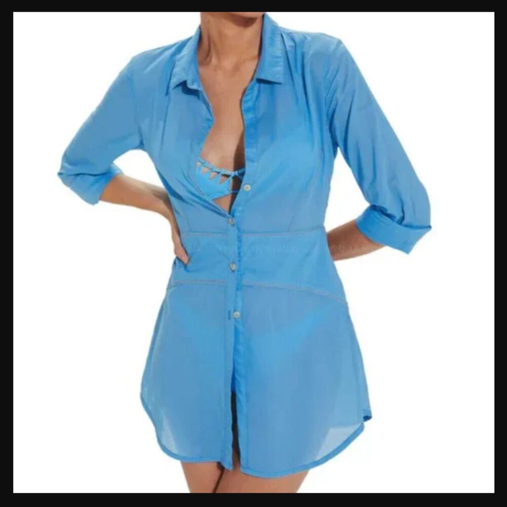 VIX Cotton Swim Cover Up Shirt Dress Mariana Long Sleeve Button Aqua NEW XS